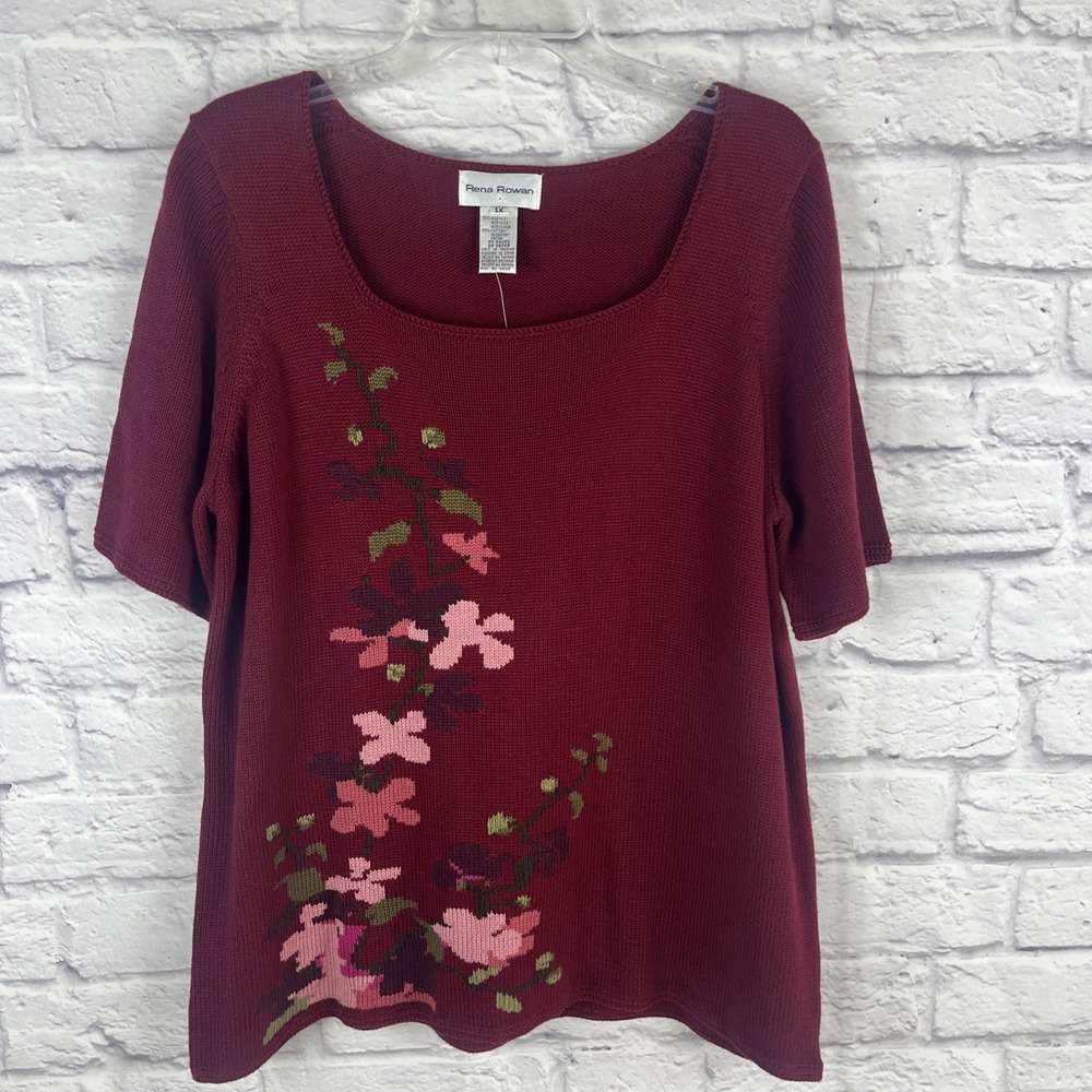 Rena Rowan NWT Women's Cottagecore Floral Knit Burgundy Short Sleeve Sweater 1X